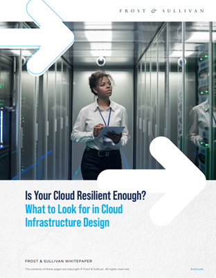 A person holding a tablet stands in a server room, with text overlay reading "Is Your Cloud Resilient Enough? What to Look for in Cloud Infrastructure Design."