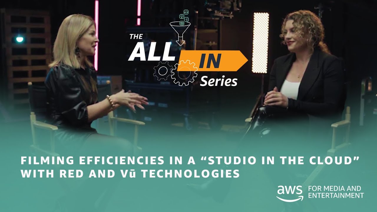 YouTube thumbnail for the AWS All In Series episode 'Filming Efficiencies in a Studio in the Cloud with RED and Vu Technologies.' The image features two people in a studio setting, discussing media and entertainment solutions powered by AWS.