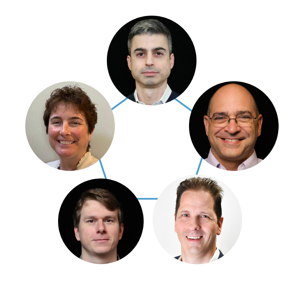A collage showing five people connected in a team structure, each represented by a circular headshot on a white background.