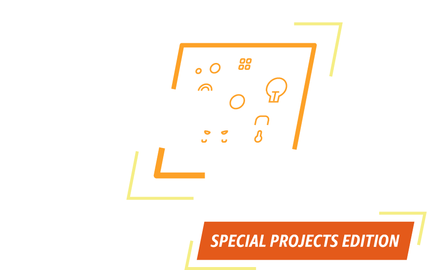 Logo for 'IoT All the Things: Special Projects Edition' featuring interconnected IoT icons including a robot arm, building, car, lock, and lightbulb, with stylized text design.