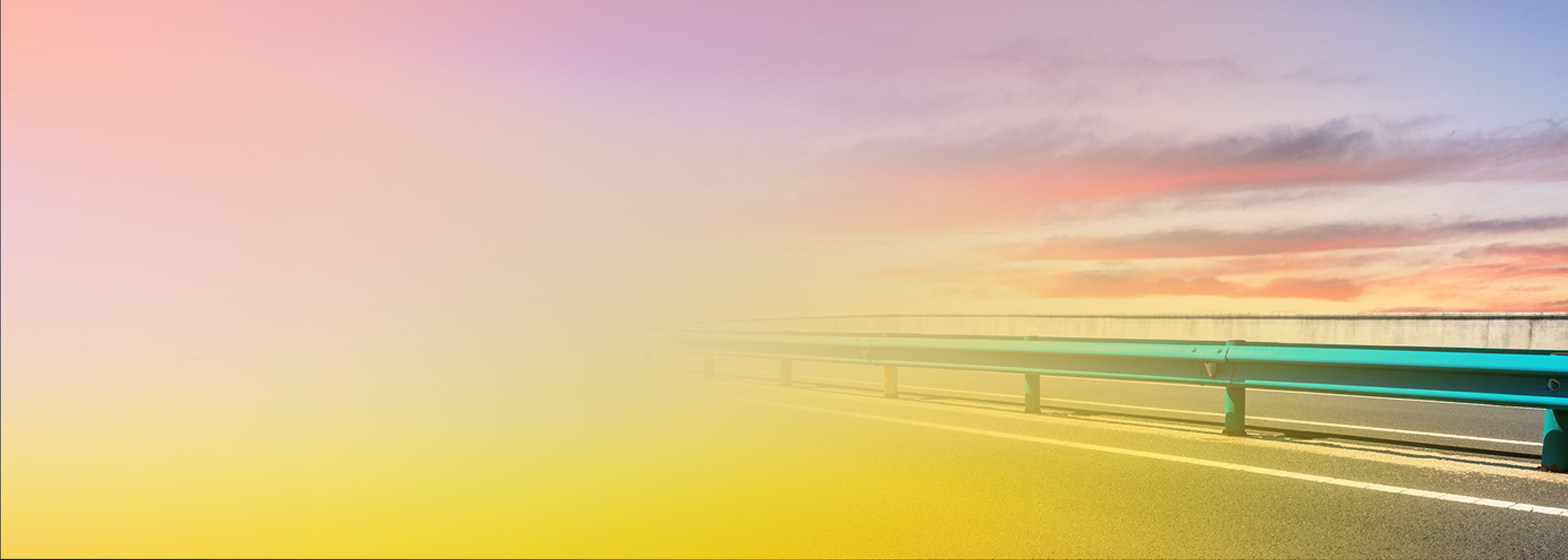 A highway guardrail alongside a road, partially covered by a gradient overlay of yellow and pink, with a sunset sky in the background. Represents the concept of security guardrails.