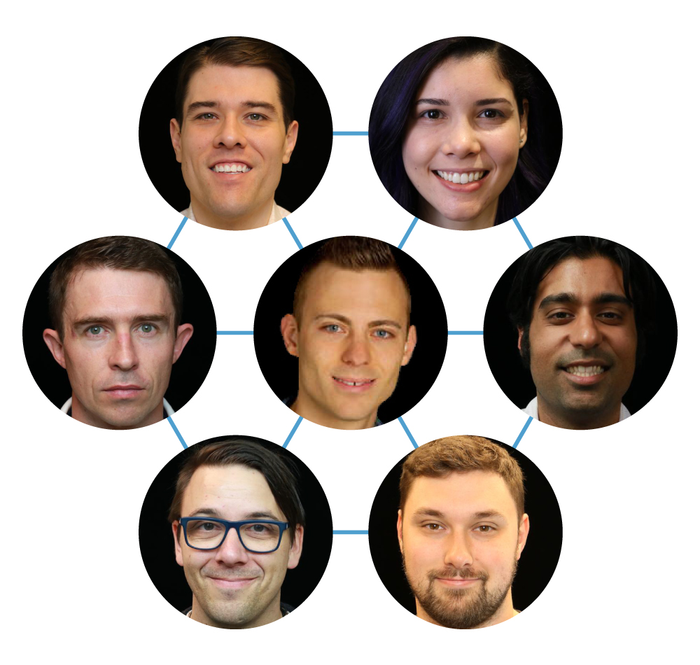 A collage of seven individual portraits arranged in a circular network pattern, illustrating a connected team or organizational network.