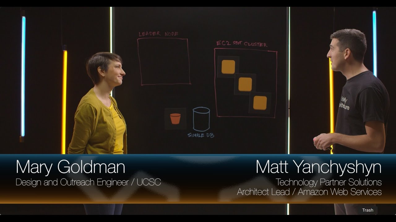 YouTube thumbnail showing Mary Goldman and Matt Yanchyshyn standing in front of a blackboard with architecture diagrams, engaged in a technical discussion about AWS architecture, with names and titles displayed at the bottom.