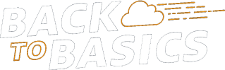 Logo image featuring the text 'Back to Basics' with a cloud and motion lines graphic, on a transparent background.