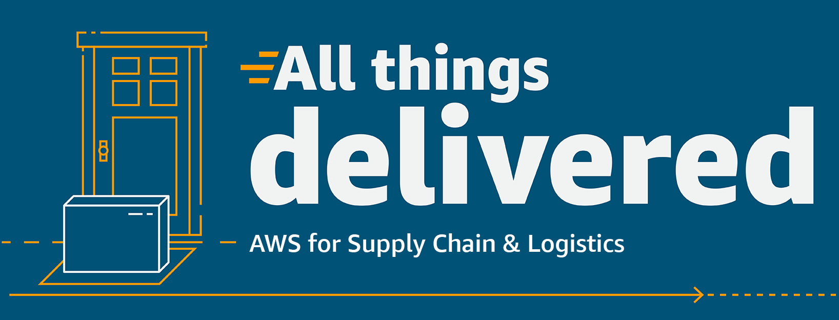 Logo image featuring the text 'All things delivered – AWS for Supply Chain & Logistics' with a graphic of a package and a door, representing AWS solutions for supply chain and logistics.