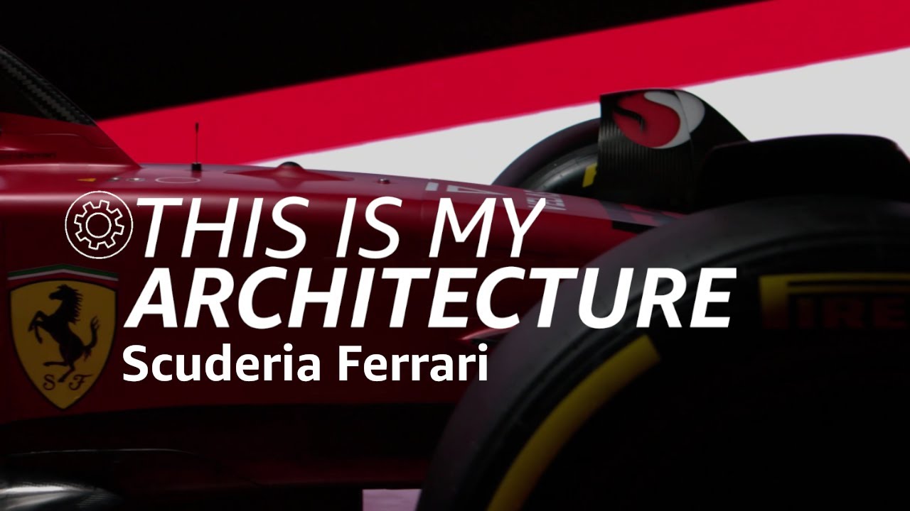YouTube thumbnail featuring the Scuderia Ferrari Formula One car with the text 'THIS IS MY ARCHITECTURE Scuderia Ferrari' displayed prominently.