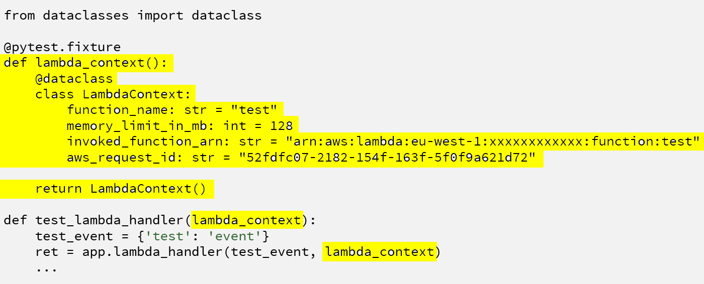 Screenshot of a Python code example showing how to mock the Lambda context object for unit testing using Lambda Powertools, with highlighted sections for the LambdaContext dataclass and usage in a test function.