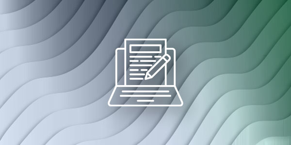 An illustration of a document and pencil on a laptop screen, representing a blog article, displayed over a wavy gradient background in shades of green and gray.