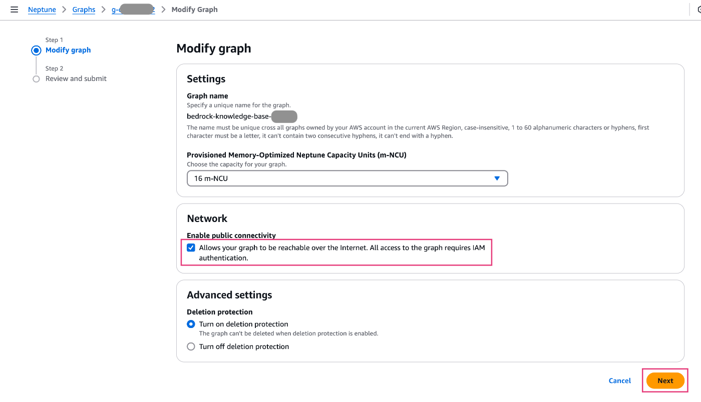 Screenshot showing the process of modifying graph settings in AWS Neptune, specifically enabling public connectivity, setting memory-optimized Neptune capacity, and deletion protection options.