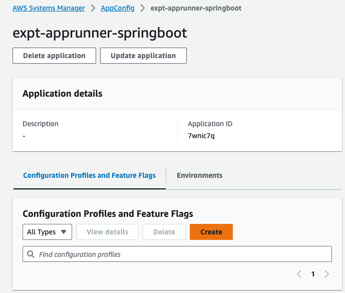 Screenshot of the AWS AppConfig user interface displaying the configuration profiles and feature flags section for the expt-apprunner-springboot application. The image shows options to delete or update the application, view configuration profiles, and manage feature flags.