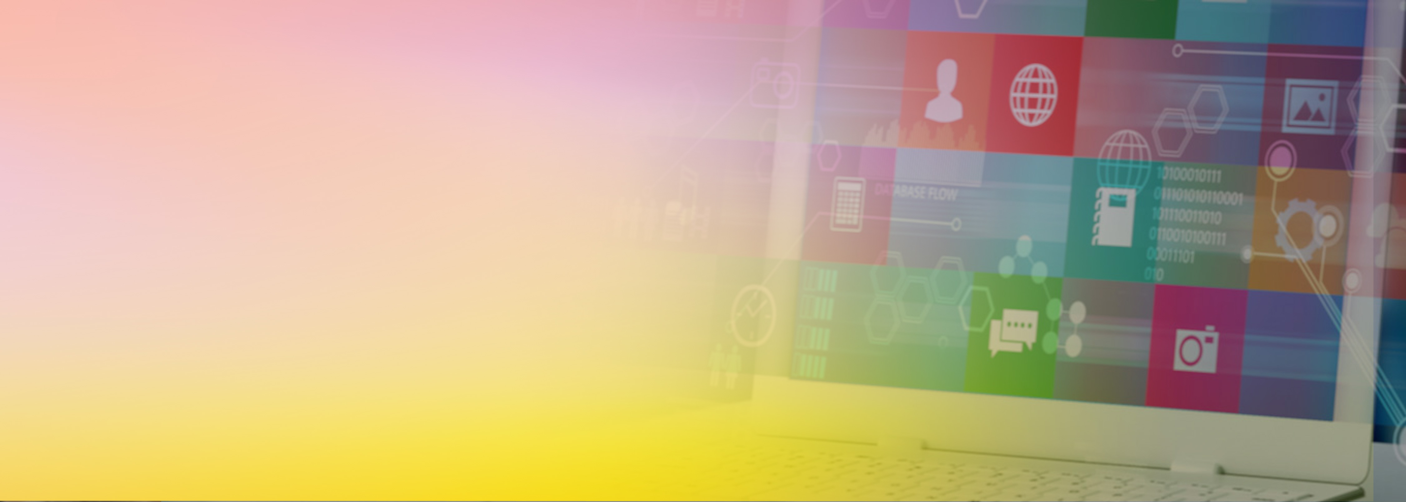 A colorful, abstract image featuring a laptop screen displaying software-as-a-service (SaaS) application icons and technology symbols, with a bright gradient overlay. Represents the SaaS on AWS blog series.