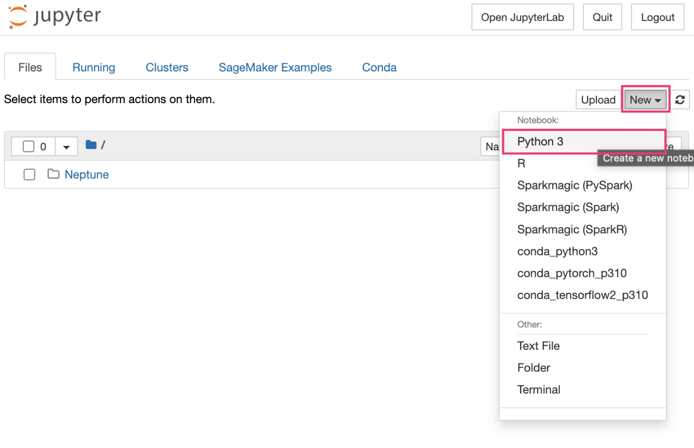 Screenshot of the Jupyter Notebook interface showing how to create a new Python 3 notebook by selecting 'New' and choosing 'Python 3' from the dropdown menu.