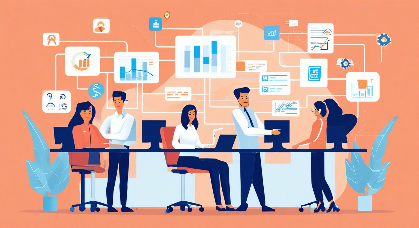 Colorful illustration of people working together with an overlay of images showing connections between different computer pages