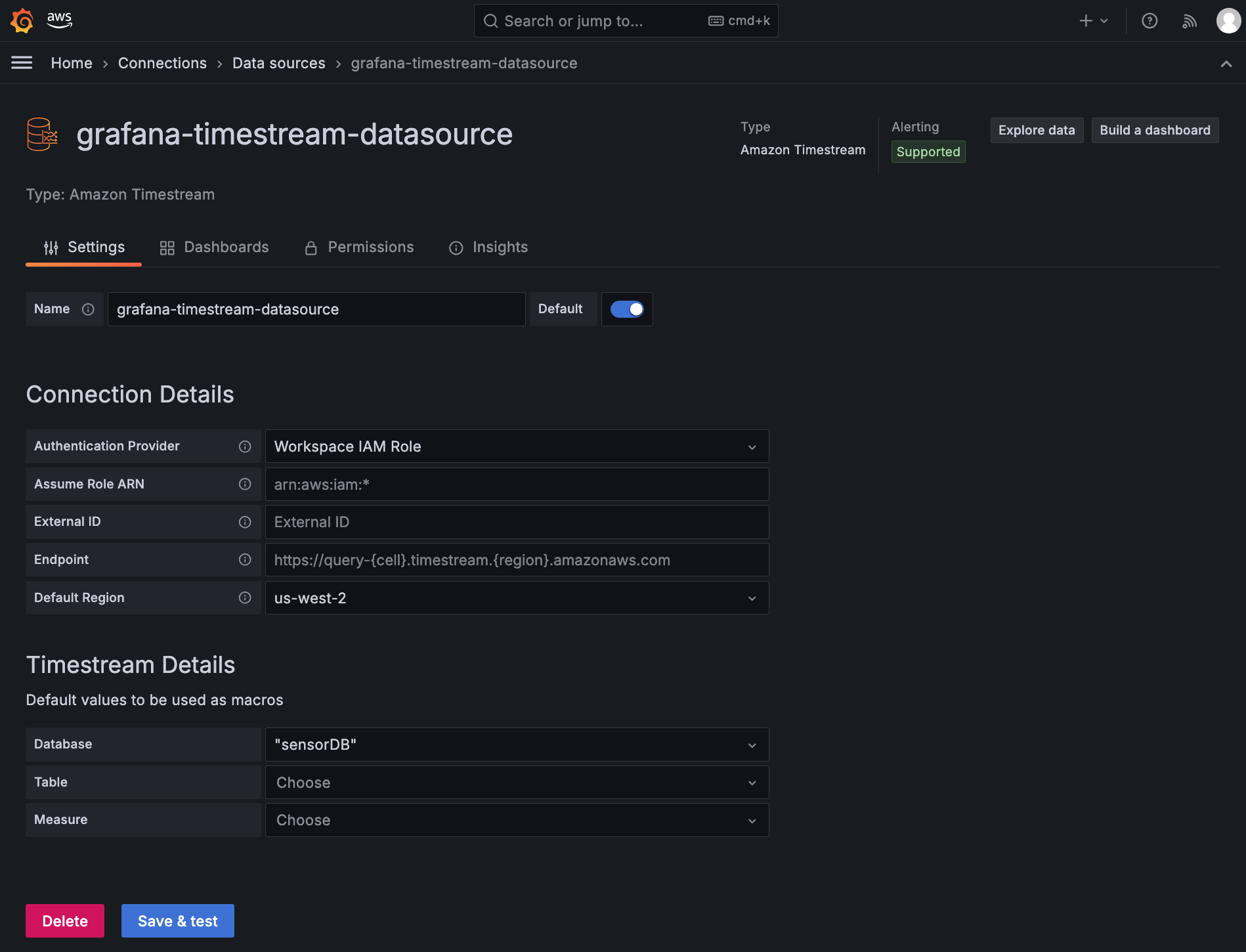 Screenshot of Grafana data source settings page showing the connection details configuration for an Amazon Timestream database, including authentication provider, endpoint, default region, and Timestream database details.