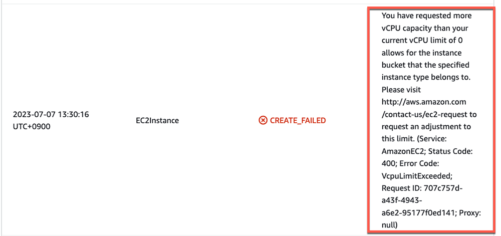 Screenshot showing an AWS EC2Instance error where the vCPU limit has been exceeded. The error message indicates that more vCPU capacity was requested than the current vCPU limit allows and provides instructions to request a limit adjustment via AWS support.