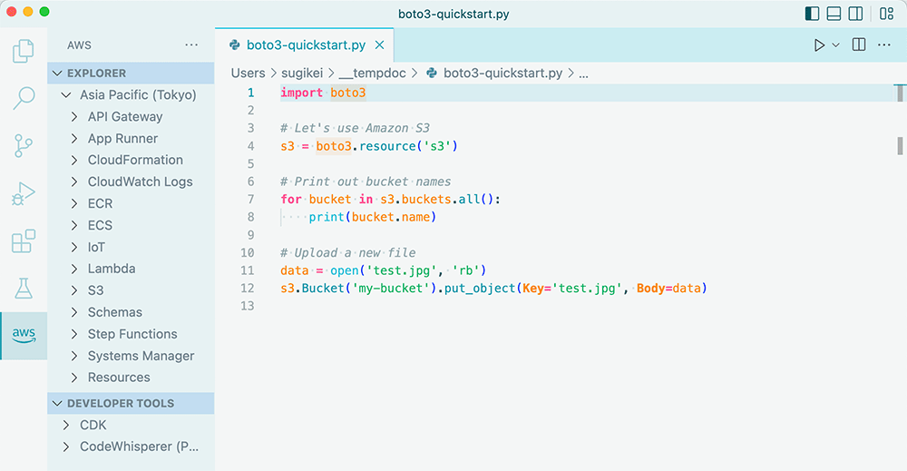 Screenshot of a Python script using AWS Boto3 to upload a file to an Amazon S3 bucket, shown in a code editor with AWS-related navigation sidebar visible.