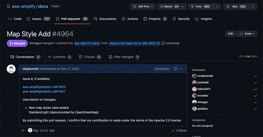 Screenshot of a GitHub pull request titled 'Map Style Add' (#4964) for the aws-amplify/docs repository, showing details of a merged contribution that adds new map styles, including reviewer and commit information.