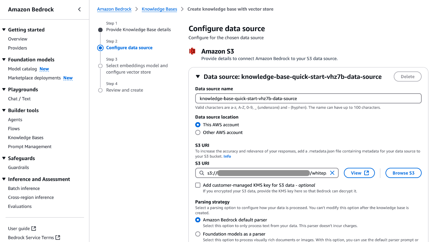 Screenshot of the Amazon Bedrock console showing the process to configure a data source using Amazon S3 for a knowledge base with vector store, including data source name, data source location, S3 URI, and parsing strategy options.