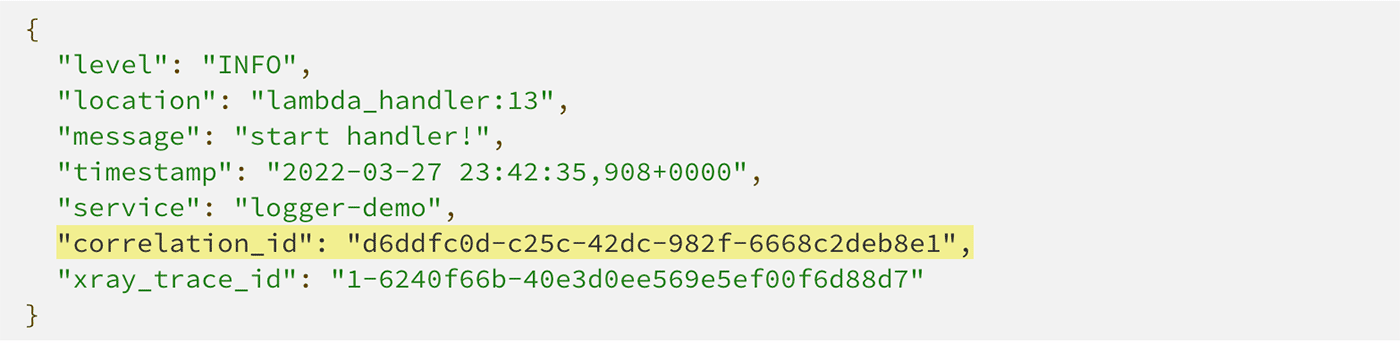 A screenshot showing an example of JSON log output using AWS Lambda Powertools for Python. The log includes fields such as level, location, message, timestamp, service, correlation_id (highlighted), and xray_trace_id.