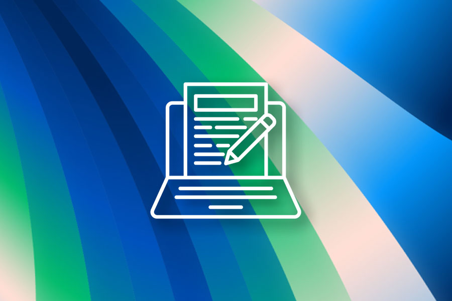 A stylized illustration of a blog or article interface with a pen over a laptop, set against a blue and green abstract background. Represents content creation or blogging, commonly used for AWS financial services blog articles.