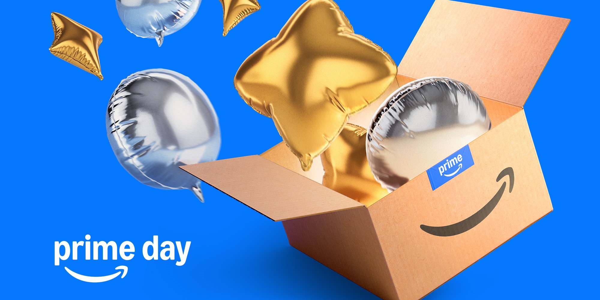 illustration of Amazon box opened with silver and gold balloons coming out of it.