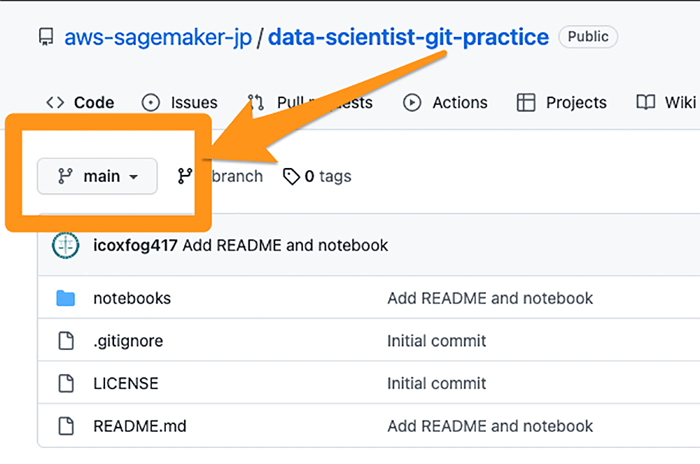 Screenshot of a GitHub repository page demonstrating the 'main' branch selection, project directory structure, and initial commit files for a data scientist git practice project. The 'main' branch button is highlighted with an orange arrow.