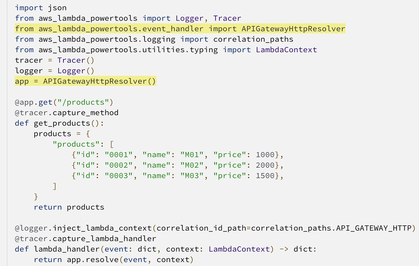Screenshot of a Python code example using AWS Lambda Powertools to implement an API Gateway HTTP resolver with logger and tracer utilities. The code demonstrates how to set up an endpoint to retrieve product information using Lambda functions.