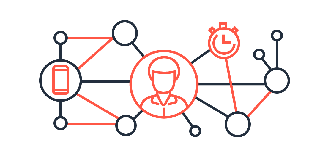 An abstract illustration showing a central user avatar connected to various nodes, including a mobile device and a stopwatch, representing networked connections, integration, and digital interaction.