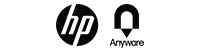 HP Anywhere logo in black, featuring the HP emblem and text on a transparent background.