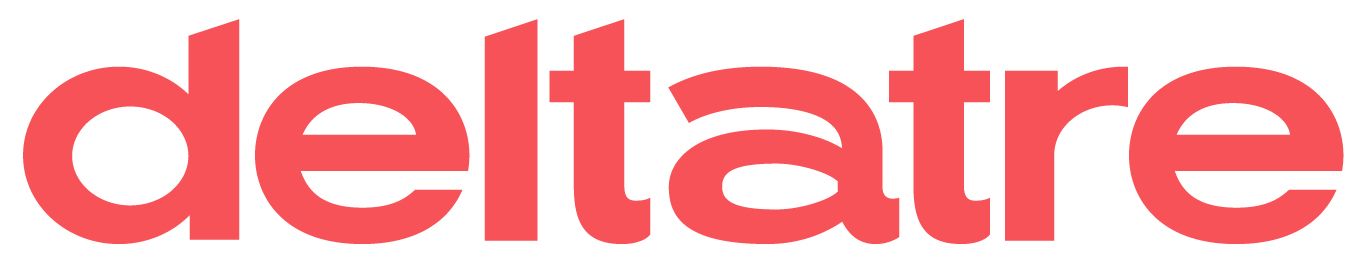 The deltatre logo in coral red text on a white background.