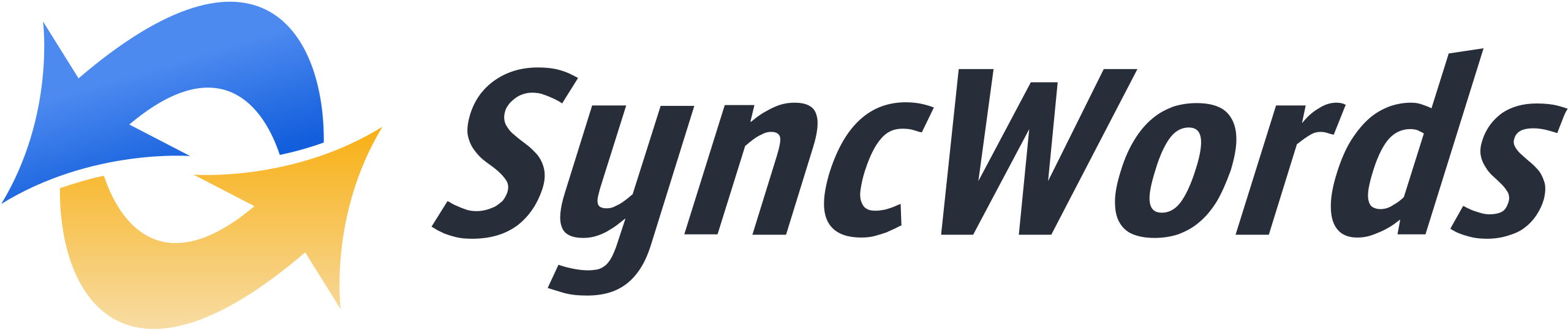 Logo of SyncWords featuring two interlocking arrows in blue and yellow with the text 'SyncWords'.