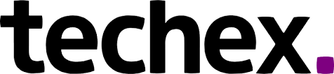 "techex logo with 'tech' in black and 'ex' in black and purple."