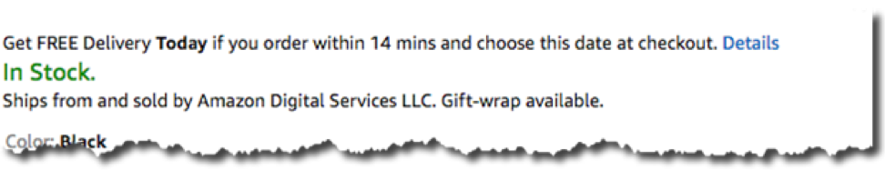 Screenshot showing Amazon retail product page with details on free delivery, stock status, shipping from Amazon Digital Services, and color selection.
