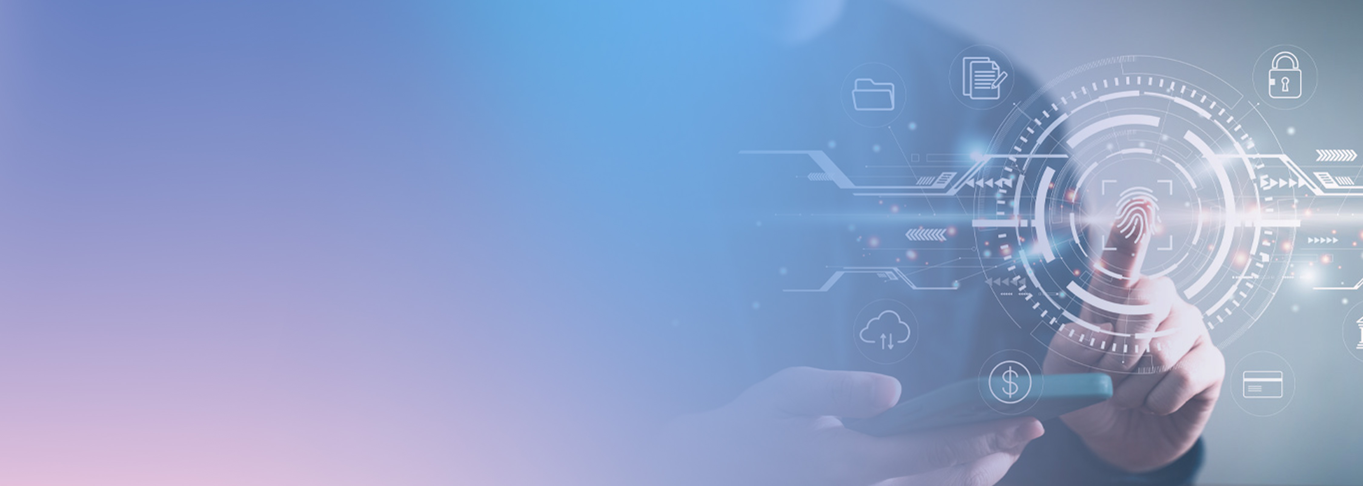 A person holding a mobile device and interacting with a digital fingerprint authentication interface, representing multi-tenant SaaS authentication and security using Amazon Cognito.