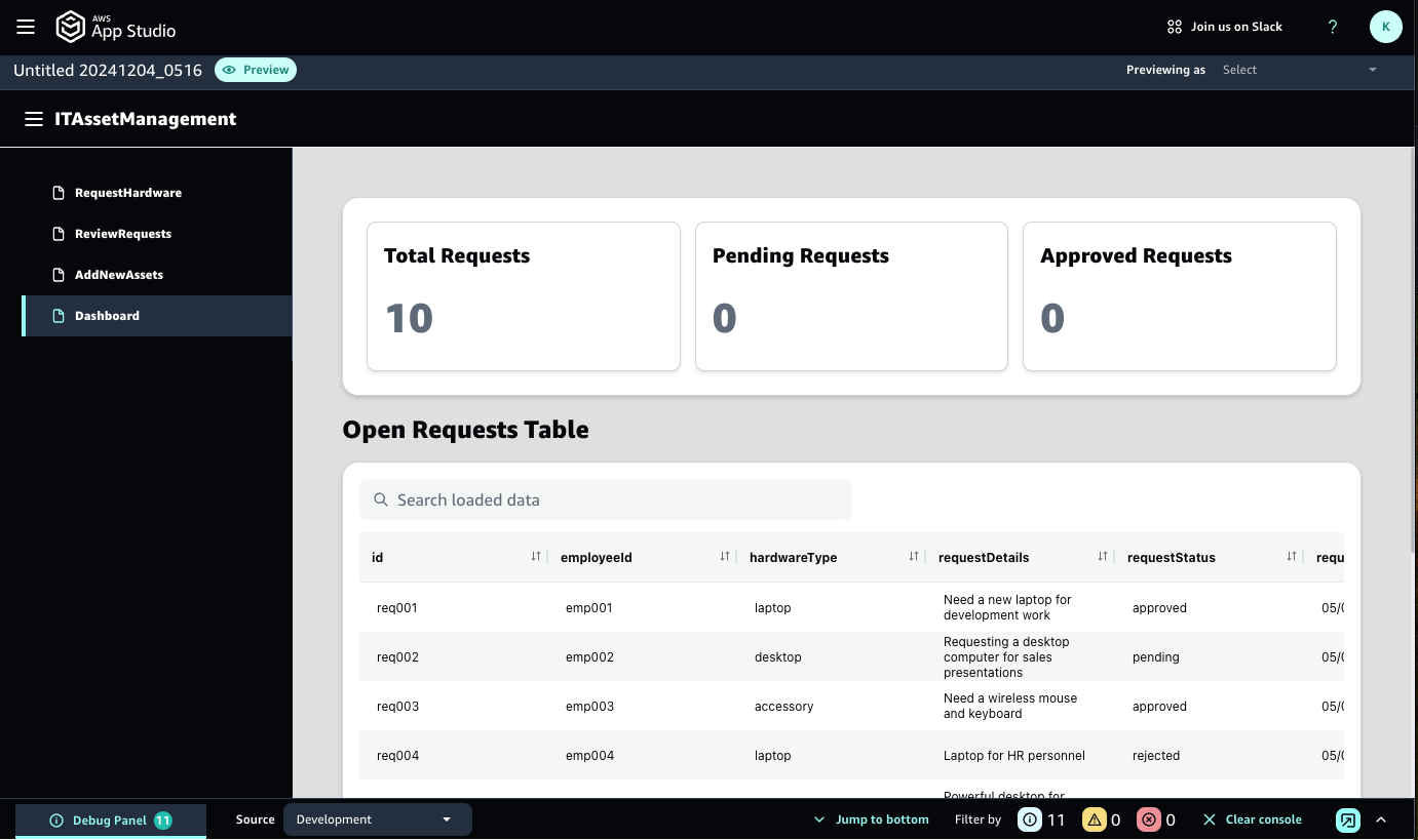 Screenshot of an AWS App Studio IT Asset Management dashboard showing total, pending, and approved requests, as well as an open requests table including hardware requests and statuses.
