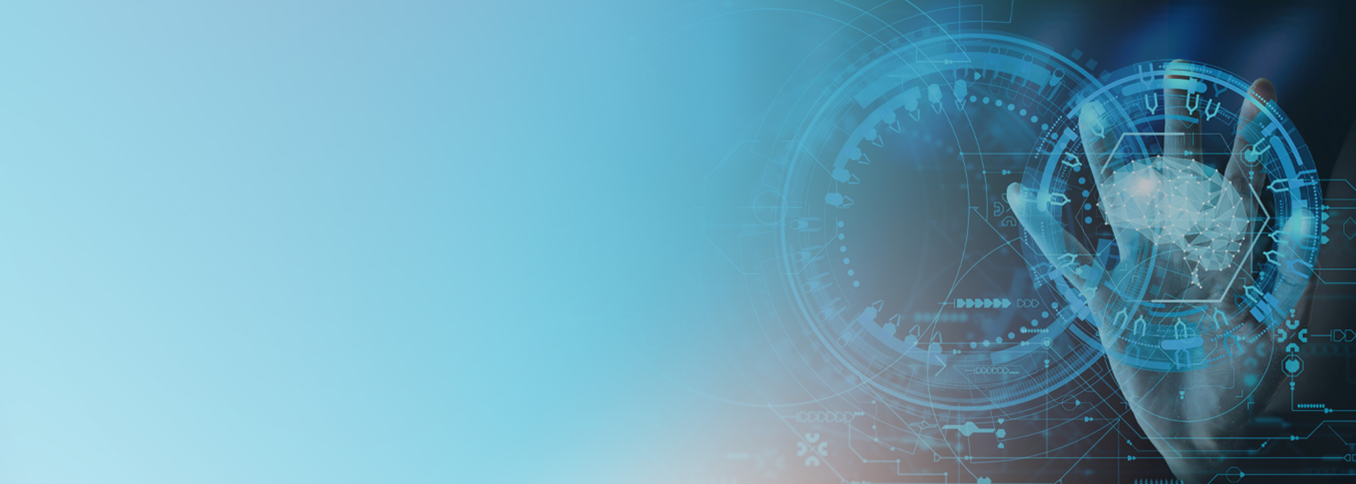 A futuristic digital interface featuring a human hand interacting with a visualized artificial intelligence brain, symbolizing large-scale AI inference environments and advanced technology concepts.