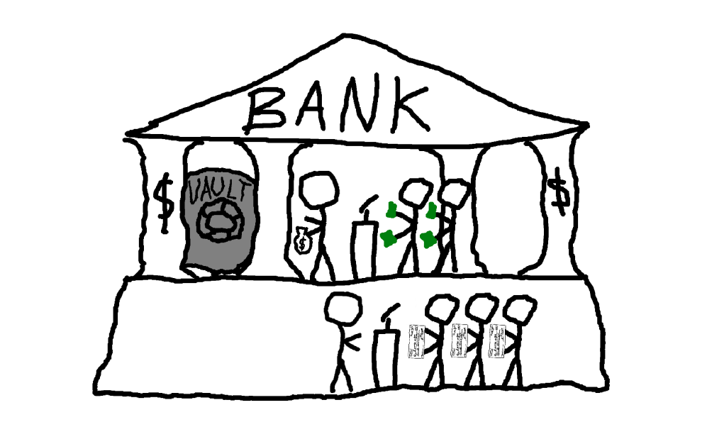 A hand-drawn illustration of a bank, showing a vault and customers in different queues representing the concept of dependency isolation. The drawing uses distinct groups and barriers inside the bank structure to symbolize separation of concerns and controlled access, commonly used as a metaphor for software dependency isolation.