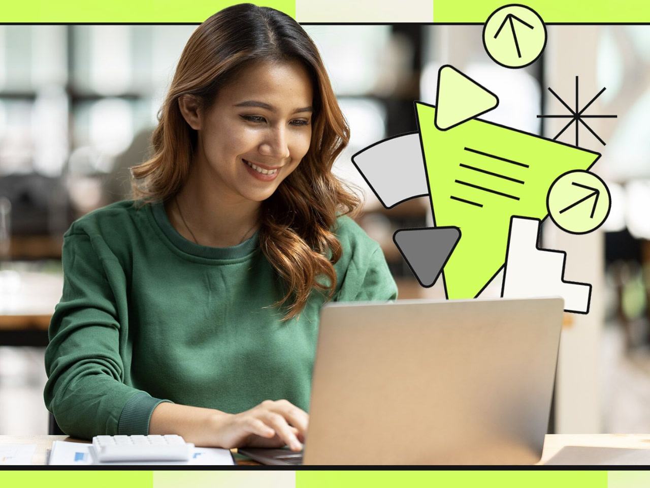 A woman with long brown hair and wearing a green sweater smiles while looking down at her laptop. There are neon green icon graphics around the image representing AI and a resume.