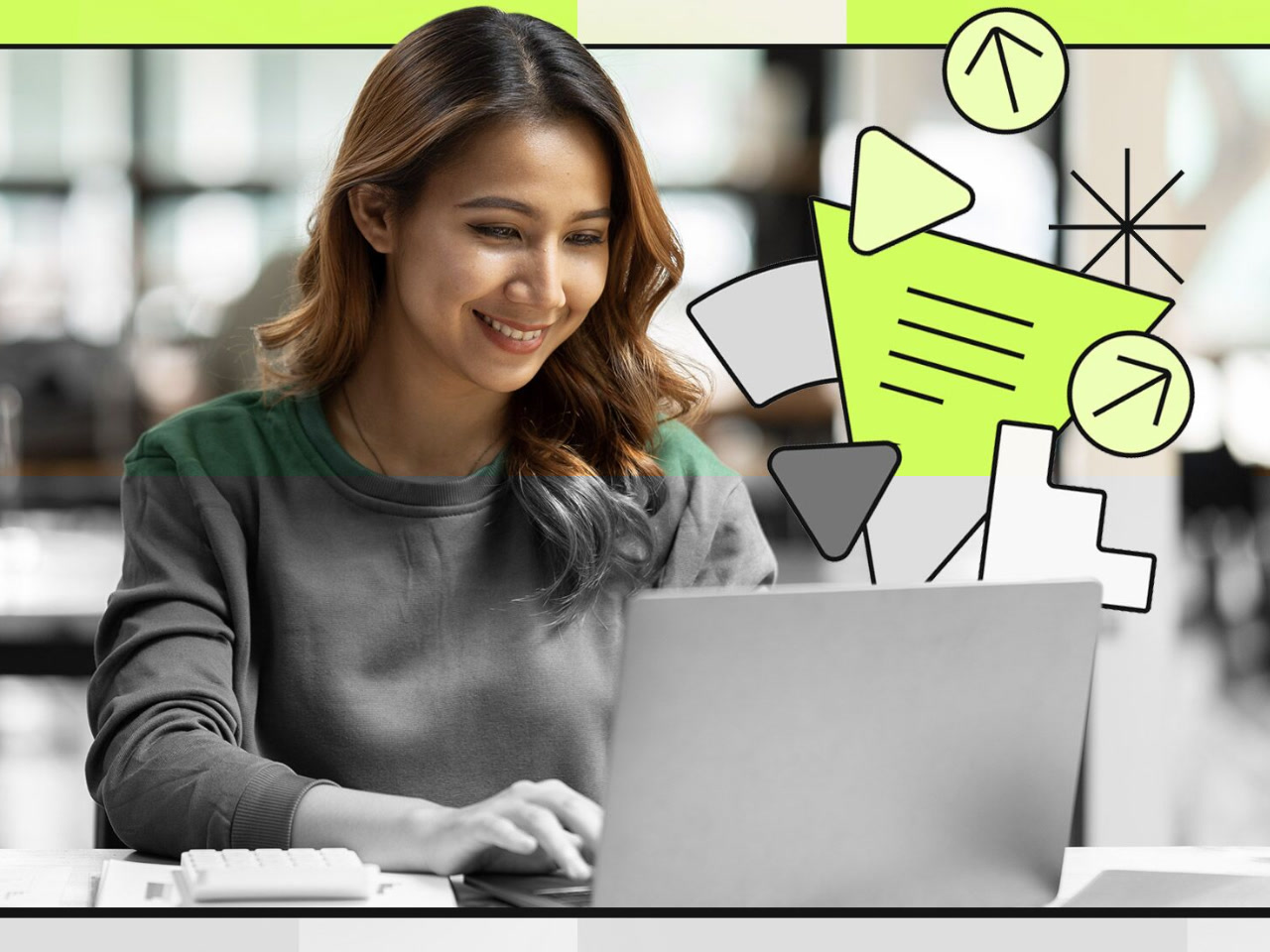 A woman with long brown hair and wearing a green sweater smiles while looking down at her laptop. There are neon green icon graphics around the image representing AI and a resume.