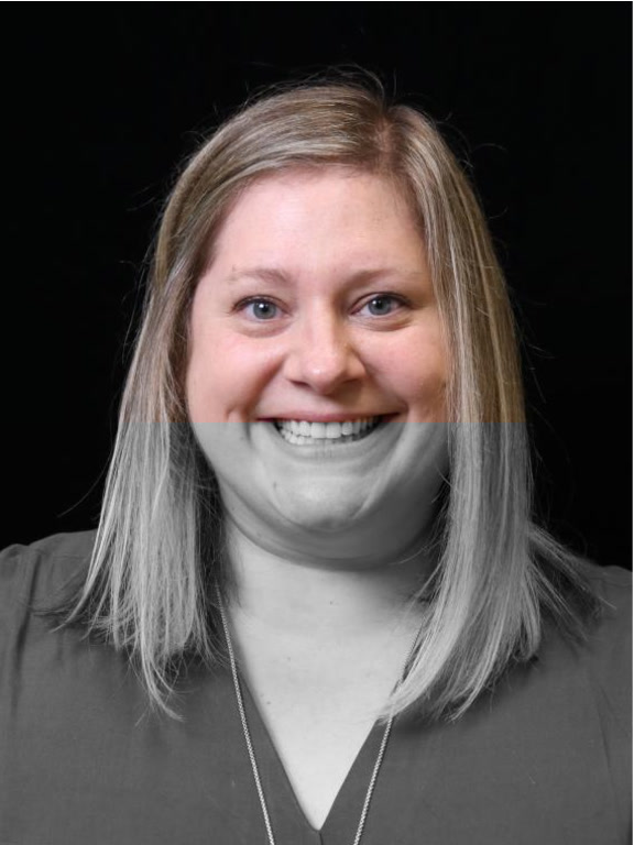 Portrait of an AWS employee, with the top half in color and the bottom half in black and white, set against a black background.