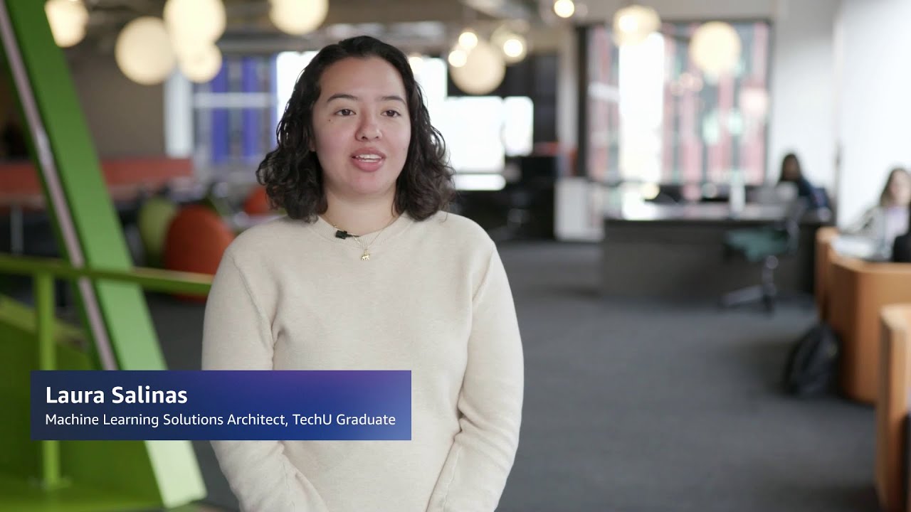 Thumbnail image showing a person identified as a Machine Learning Solutions Architect and TechU Graduate, standing in an office environment, used for a YouTube video related to AWS careers.