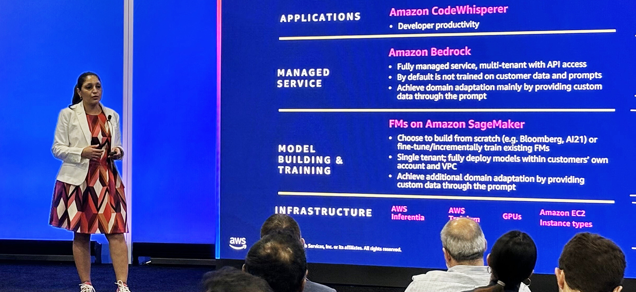 A woman presents an overview of AWS AI services, including Amazon CodeWhisperer, Amazon Bedrock, and SageMaker, to an audience. The presentation slide categorizes services by applications, managed service, model building & training, and infrastructure.