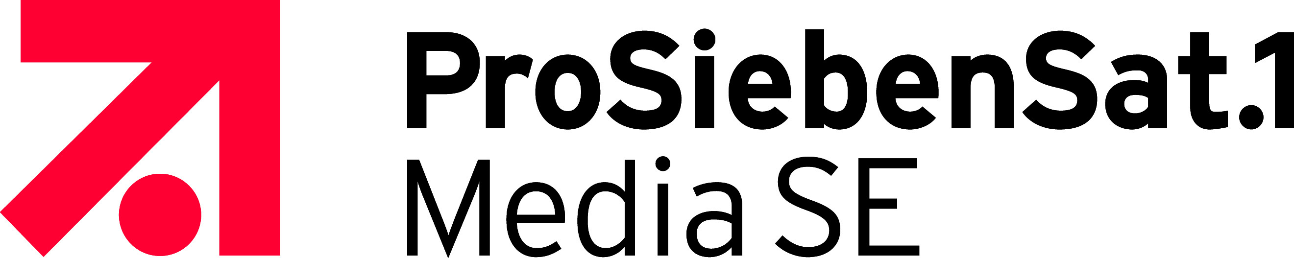 Logo of ProSiebenSat.1 Media SE, featuring a stylized arrow and dot graphic with the company name in bold text.