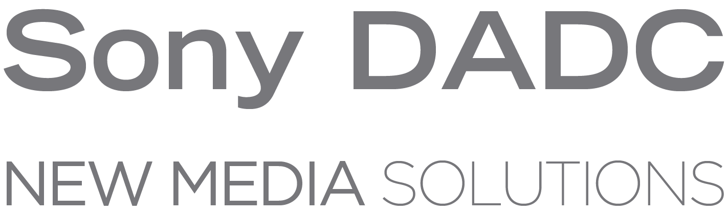 Logo for Sony DADC New Media Solutions, featuring the company name in gray text on a white background.
