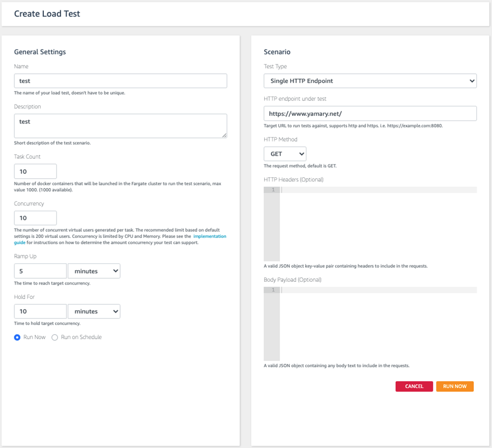 Screenshot of the AWS user interface for creating a load test configuration. The UI includes fields for general settings such as test name, description, task count, concurrency, ramp up time, and hold duration, as well as scenario settings for test type, HTTP endpoint, HTTP method, headers, and body payload.