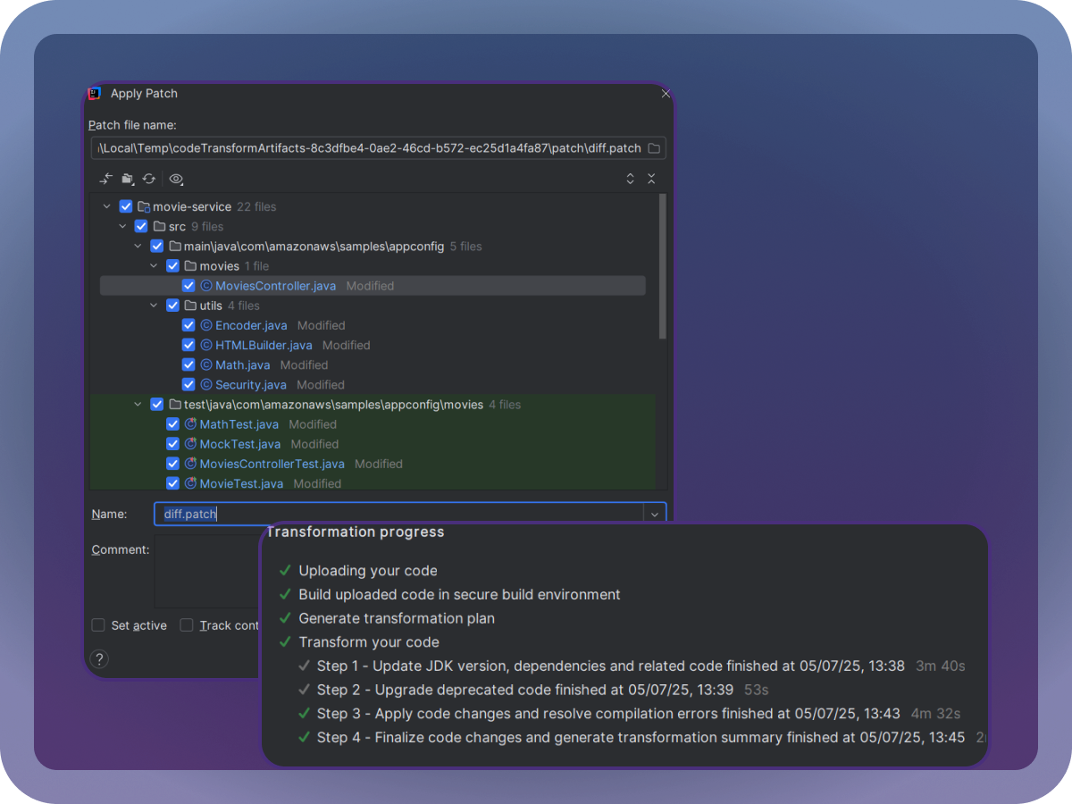 Alt-text: A code transformation interface showing a file patch application with modified files listed and a progress tracker detailing transformation steps.