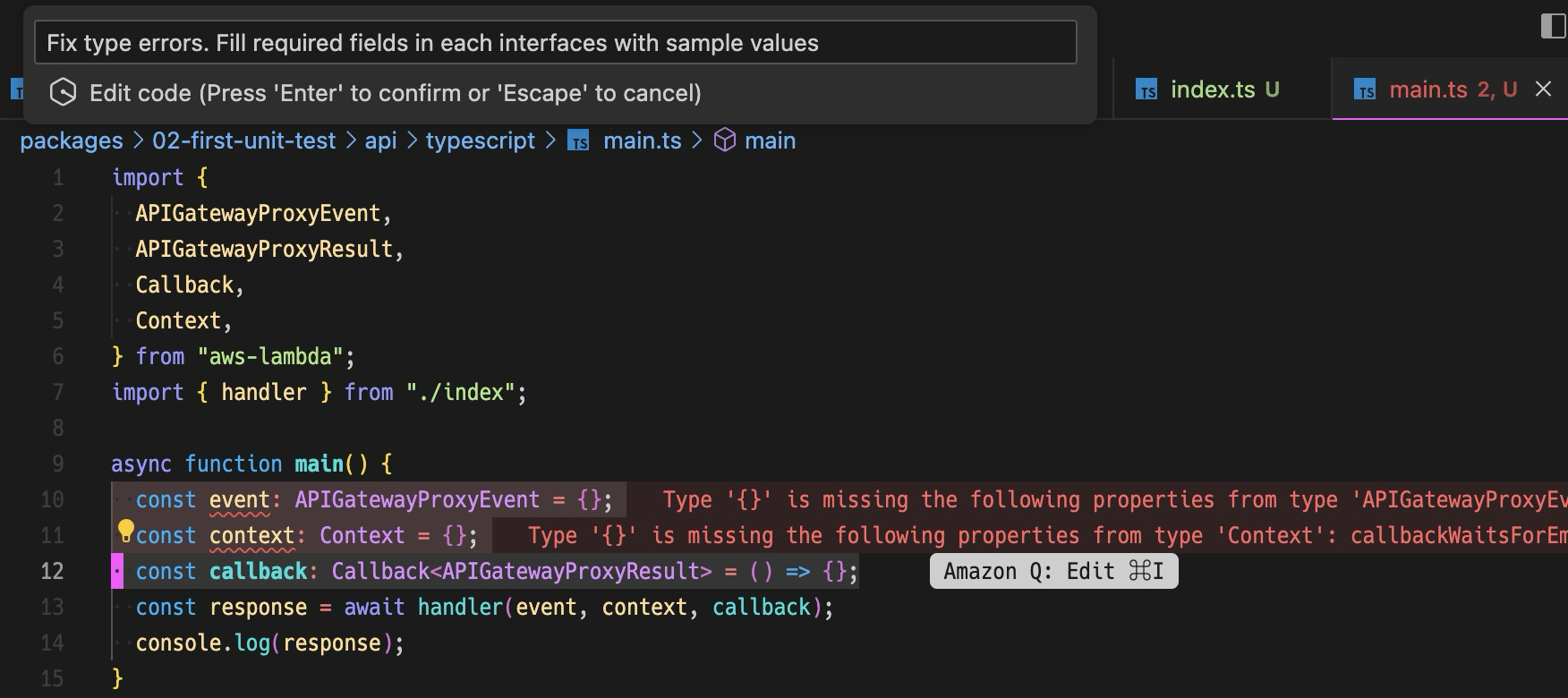 A screenshot of Visual Studio Code displaying a TypeScript file for an AWS Lambda function with type errors highlighted. The image shows missing properties errors for API Gateway event, context, and callback types, along with coding suggestions in the editor.