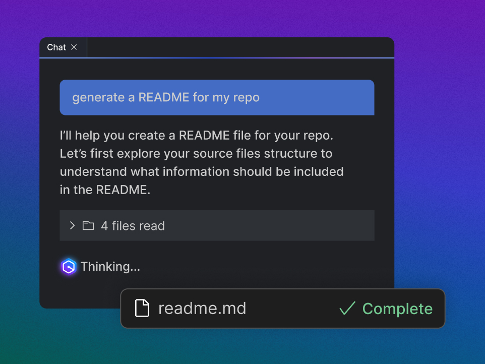 Alt-text: A chat interface with a prompt "generate a README for my repo" and a response explaining the process of creating a README file by analyzing source files. Below, a folder icon shows "4 files read," and a "readme.md" file is marked as complete.