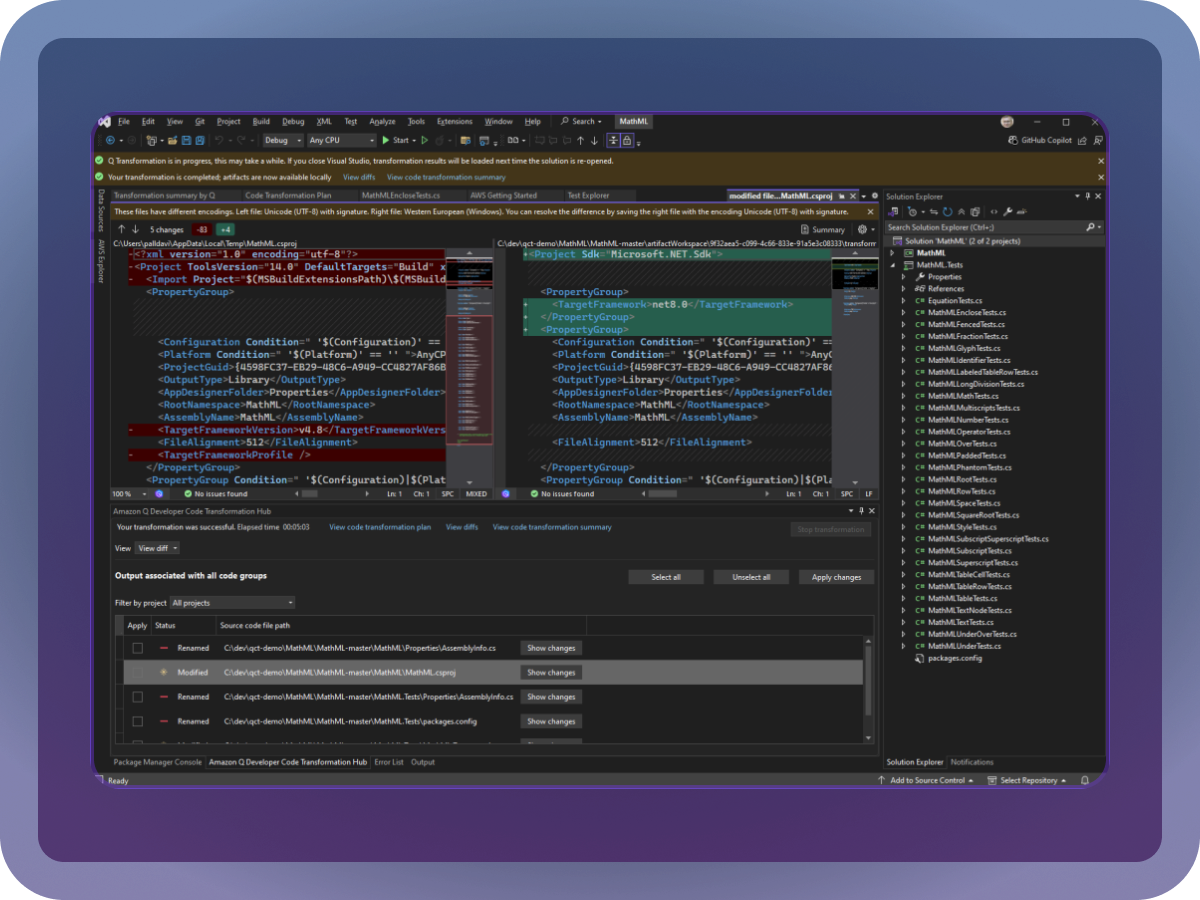 Screenshot of a Visual Studio IDE showing code files, solution explorer, and transformation output with a dark theme interface.
