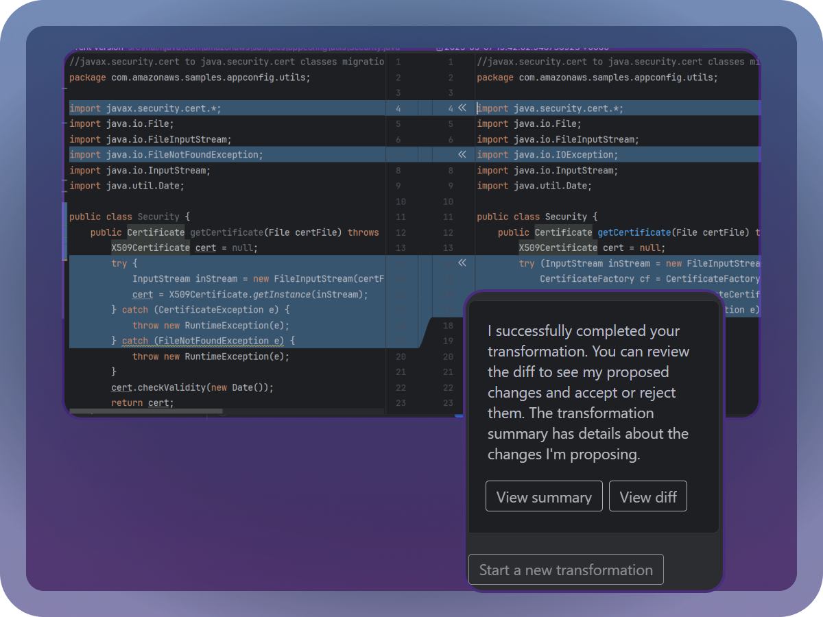 A side-by-side code comparison showing changes in Java code, with a pop-up message stating, "I successfully completed your transformation. You can review the diff to see my proposed changes and accept or reject them," along with buttons for "View summary" and "View diff."